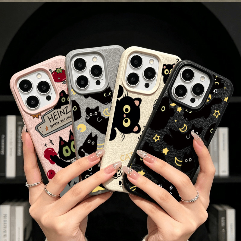 Ốp Lưng Cho OPPO A3 A5 A6 PRO A3X A40 RENO 11F 11 10 PRO 7Z 8 5G Mèo Cà Chua Đen Dễ Thương Mềm Mờ Da PU Hoạt Hình