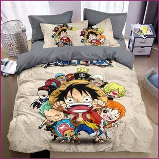 ONE PIECE Luffy 3IN1 Ga trải giường Vỏ chăn gối Bộ chăn ga gối Phòng ngủ gia đình Bộ đồ Anime có thể giặt được