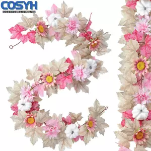 <cosyh>Artificial 71 Inch Floral Garland with Pink Flowers and Autumn Pumpkins for Home
