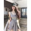 Váy đeo chéo màu xám giả hai mảnh có dây buộc nữ mùa hè Slim-Fit Hot Girl Váy ngắn có đệm ngực