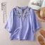 Văn Học Retro Vải Lanh Cotton Thêu Thường Ngày Rời Giữa Tay Ôm Hơn Nhìn Ngắn Tay Top Nữ Cổ Chữ V Cảm Thấy 5.26