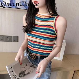 Phụ Nữ Nhiều Màu Sắc Sọc Knnited Không Tay Áo Sơ Mi Nữ Hàng Đầu Ngày Lễ Mặc Áo Sơ Mi