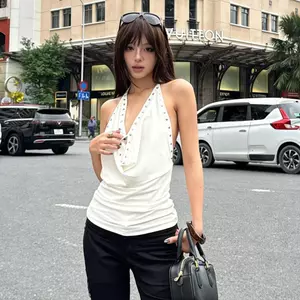 Mùa hè Hợp Thời Trang Áo Vest Không Tay Châu Âu Mỹ Phong Cách Đường Phố Độc Đáo Đinh Tán Tôn Dáng Dây Cổ Lớn Halter Niche Gợi Cảm Hot Girl Top