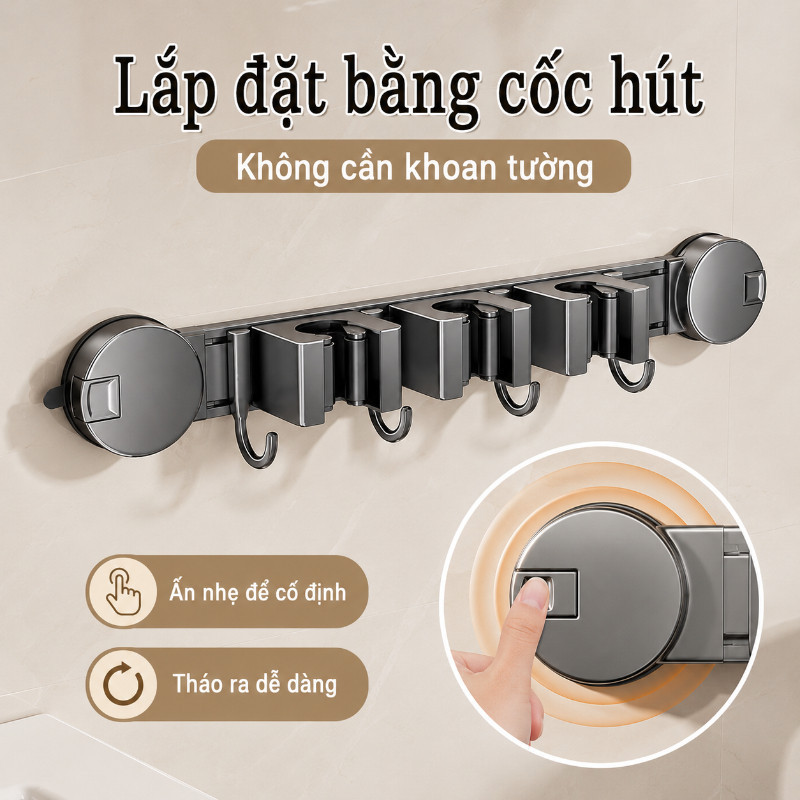 Thanh móc kẹp chổi,Hút Chân Không Gắn Tường,móc treo cây lau nhà đa năng dán tường,Không Hỏng Tường