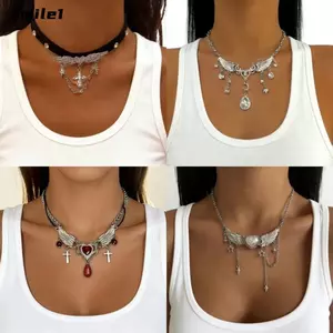 Dây chuyền Choker pha lê SMILE, Thiết kế tua rua thẩm mỹ Punk Vòng cổ đôi cánh thiên thần, Trang sức chuỗi xương đòn bạc Ngôi sao trái tim Y2K