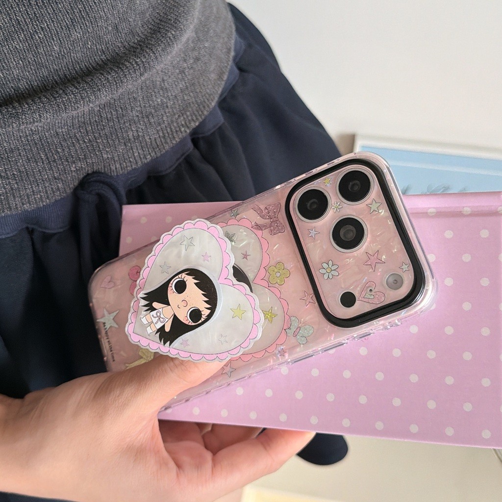Vỏ Cho iPhone 17PM 16 Pro Max 15 IMD Craft Laser Shell Design YUY Girl Phim Hoạt Hình Chống Sốc TPU Mềm Chống Trầy Xước Chống Bụi Bẩn Vỏ Điện Thoại Có Chân Đế Trái Tim Tình Yêu