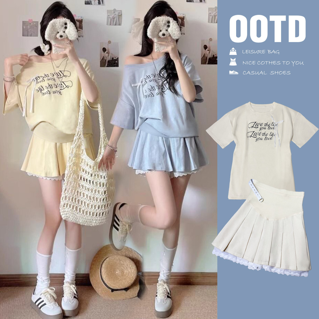 Bộ đồ bà bầu Áo thun ngắn tay bướm mùa hè + Váy xếp li Bộ đồ hai mảnh