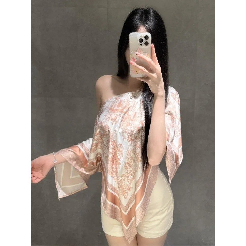 Milyfashion Áo Sơ Mi Mùa Hè Màu Hồng In Hình Slanted Vai Đảo Phong Cách Kỳ Nghỉ Phong Cách Mới TERZ