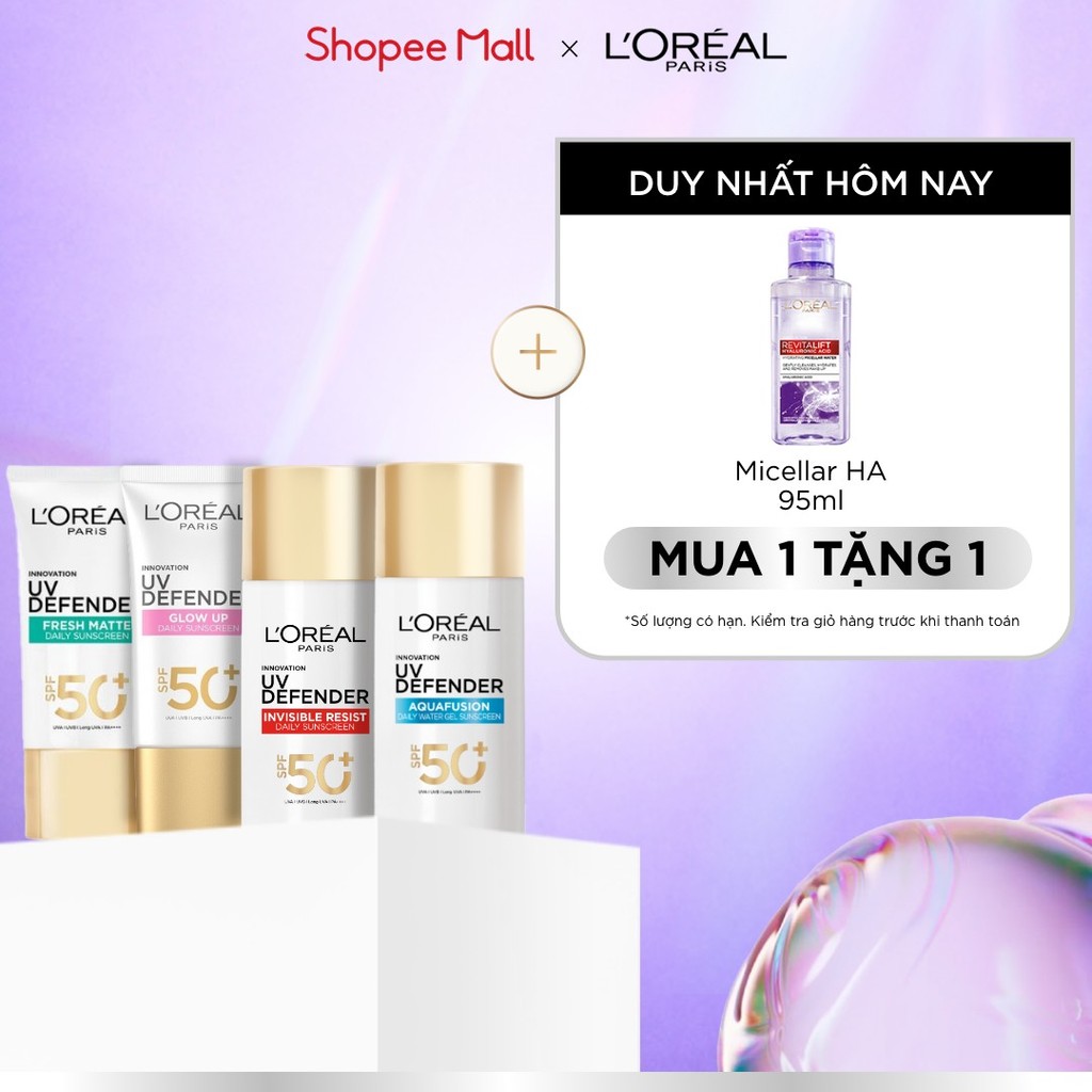 [CHỐNG NẮNG WATERGEL MỚI] Chống Nắng Phổ Rộng Thoáng Da, Kháng Mọi Tác Động UV Defender SPF 50+ PA++++ Loreal Paris 50ml