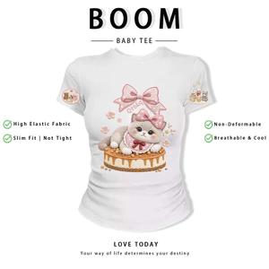 BOOM Áo Baby Tee Nữ Cotton Ôm Body-Áo Thun Ngắn Tay Y2K In Hình PhongCách Mùa Hè, Cổ Tròn Hàng Đầucách hàn quốc phong037