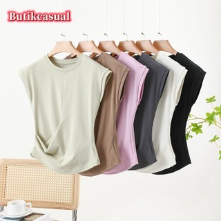 Áo thun nữ cotton không tay mỏng 2025 xuân hè thời trang mới xếp li đa năng áo thun dáng rộng áo sơ mi giản dị