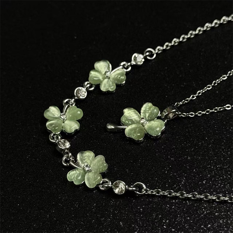 Bộ trang sức cỏ ba lá màu xanh lá cây may mắn, Vòng cổ mặt dây chuyền pha lê lấp lánh và vòng tay liên kết dành cho nữ Quà tặng hàng ngày