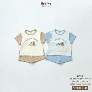 Bộ quần áo cộc tay phối màu in hình đáng yêu cho bé Hokiha vải cotton mềm mại, thoáng mát size 8-17kg BB33