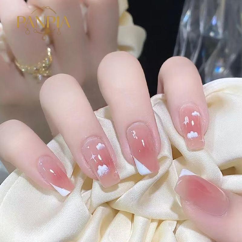 PNPIA- 24 Chiếc Đám Mây Pháp Ngôi Sao Đầu Vuông Ngắn Bấm Vào Móng Tay Giả Có Thạch Dính Thiết Kế Lấp Lánh Móng Tay Giả Có Thể Tháo Rời