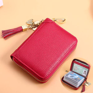 Hộp Đựng Thẻ Nữ Khe Cắm Nhiều Thẻ Da Bò Chống Trộm Bàn Chải RFID Da Thật Chính Hãng Chống Tẩy Thẻ Dây Kéo Tín Dụng Lái Xe Bằng Cấp 6.7