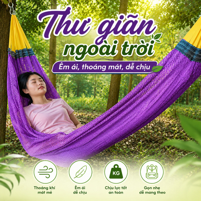 Võng Lưới Xếp Du Lịch Dã Ngoại Cán Thép – Lưới Võng Gấp Gọn, Không Dãn, Chịu Tải 250kg, Nhanh Khô