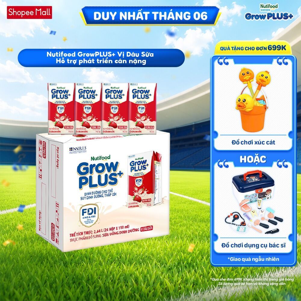 Thùng 24 hộp Sữa bột pha sẵn Nutifood GrowPLUS+ Vị Dâu hộp 110ml - Trên 1 tuổi (24 hộp x 110ml)