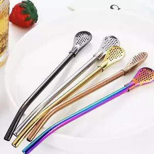 Thìa Rơm Thép Không Gỉ Rơm Thìa Tích Hợp Giá Trị Cao Kép Kim Loại Uống Ống Nước Trái Cây Trà Sữa Lọc Thìa KWF