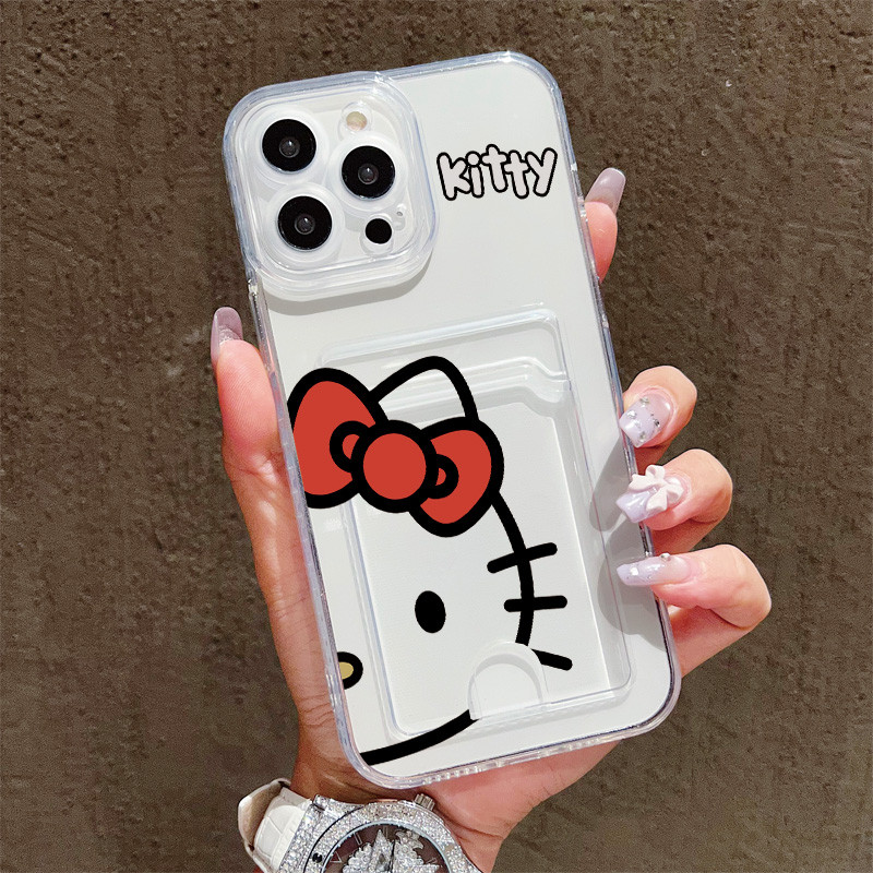 Ốp Điện Thoại Trong Suốt Có Giá Đỡ Thẻ Cho OPPO A6 Pro A15 A16 A54 A76 A3S A12E A5S A12 A5 A9 2020 A52 A72 A92 A53 A3 A16K A5X A17 A38 A58 A78 4G Kawaii Kitty Face