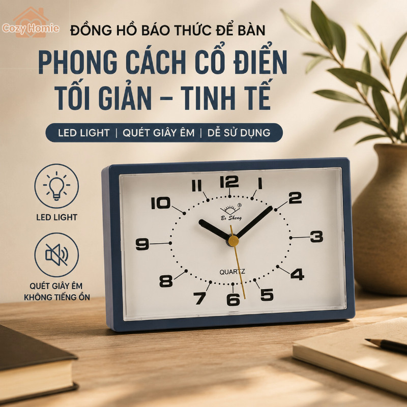 đồng hồ báo thức để bàn vintage kim trôi yên tĩnh có đèn decor phòng ngủ bàn làm việc