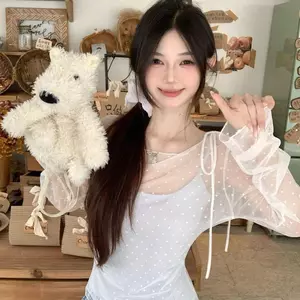 Áo thun dài tay mỏng ngọt ngào xuyên thấu dành cho nữ Mùa hè Hàn Quốc Áo chống nắng dáng rộng sang trọng Bộ đồ một mảnh hàng đầu