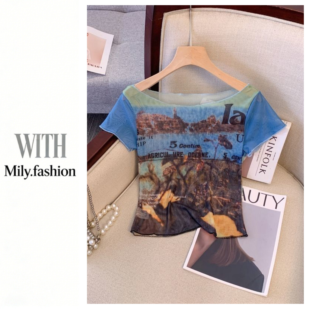 Milyfashion Pure Desire Blue In Kem Chống Nắng Cổ Phẳng Tay Ngắn T Mùa Hè Gạc Quan Điểm Gợi Cảm