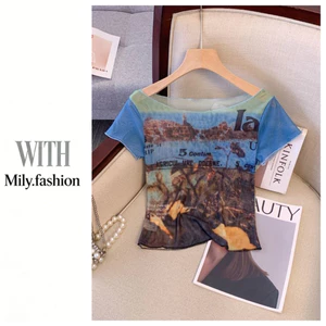 Milyfashion Pure Desire Blue In Kem Chống Nắng Cổ Phẳng Tay Ngắn T Mùa Hè Gạc Quan Điểm Gợi Cảm