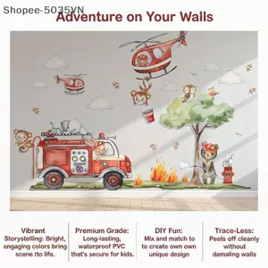{AKIN} Wall Stiers Fire Fighting Tru Thiết kế động vật hoạt hình PVC có thể tháo rời cho trẻ em Bức tranh tường trang trí phòng mẫu giáo {a}