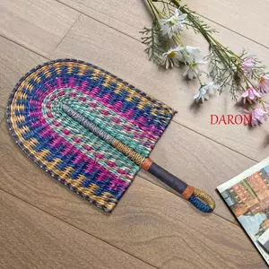 Quạt bện tay DARON, Họa tiết sọc đầy màu sắc Quạt dệt cỏ biển Bohemian, Quạt quay tay Nhẹ Tự nhiên Vintage Quạt làm mát mùa hè trong nhà