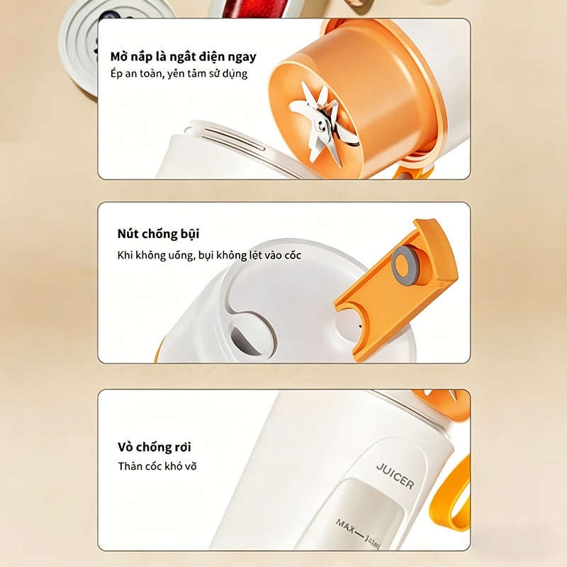 Máy Xay Sinh Tố Cầm Tay Mini Bruboses 340ml, 12 Lưỡi Dao, Pin 4000mAh, Sạc USB, Xay Đá Nhỏ