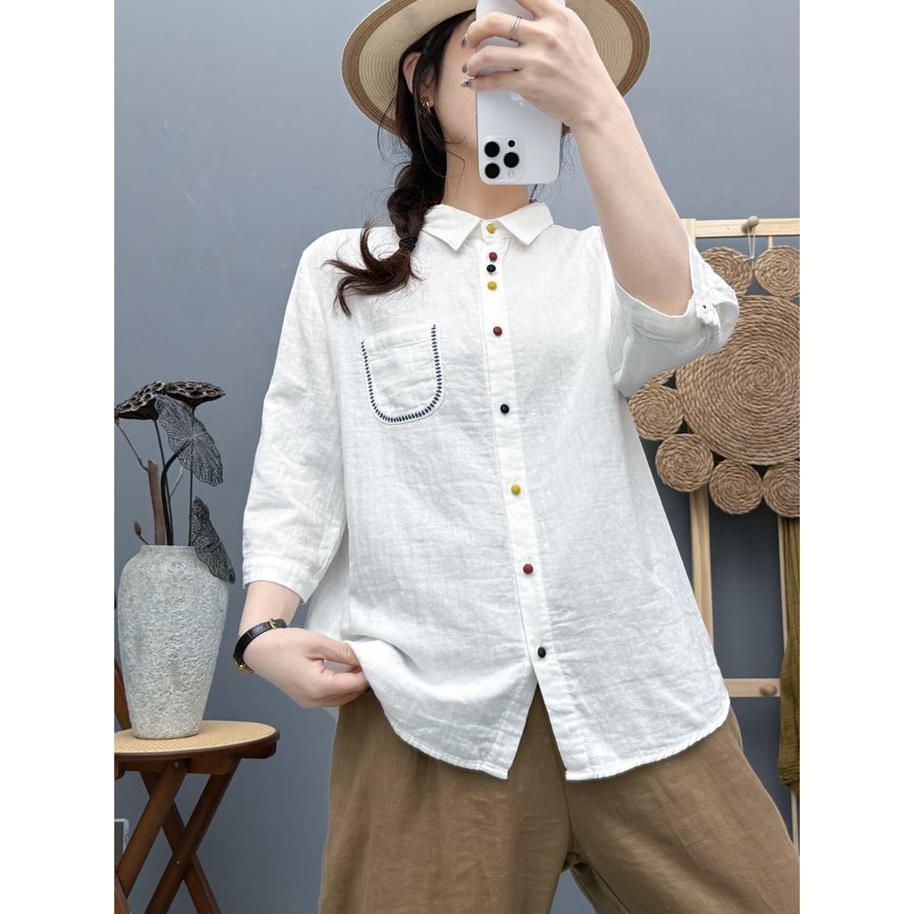 [Hàng có sẵn] Áo sơ mi nữ Cotton cao cấp dáng rộng tay ngắn, nút màu