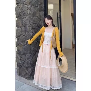 Bánh ren Xuân Hè Nhẹ nhàng Rỗng Phong cách mới Váy lưng cao Người nhỏ Khâu màu trơn Thắt lưng thun Váy dài vừa phải