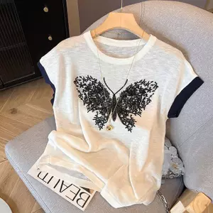 Áo thun dáng rộng cổ tròn ngắn tay in hình bướm mùa hè giảm tuổi cỡ lớn béo mm Slimer Look Top