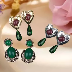 PNPIA- Vintage Ngọc Lục Bảo Xanh Giọt Nước Mặt Dây Chuyền Độc Đáo Thả Bông Tai Tuyên Bố Hình Trái Tim Bông Tai Retro Thời Trang Nữ Món Quà Trang Sức