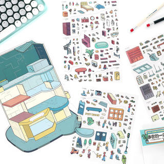 ENWEI 4 Cái [Dòng vườn ven biển] Pet Shop Nhà ấm cúng Jumbo Park Life Landscape Sticker để ghi nhật ký Album ảnh