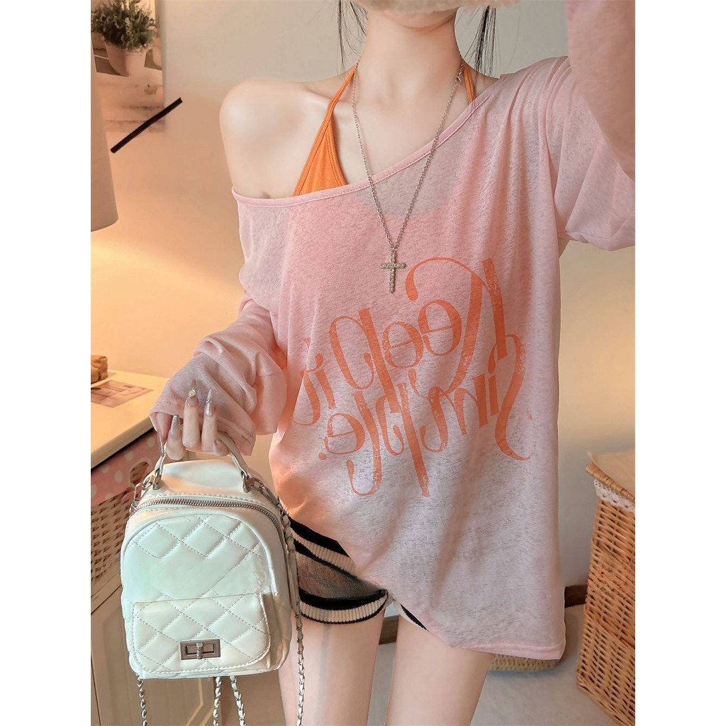 Milyfashion Dây Đeo Cổ Phù Hợp Với Miếng Lót Ngực Lười In Chữ Chống Nắng Áo Thun Dài Tay Rời Ôm Hơn Nhìn Phiên Bản Hàn Quốc Tất Cả @ -