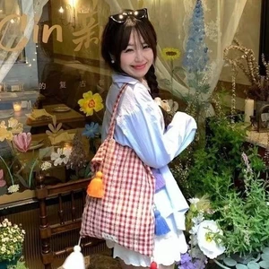 Túi Tote dung tích lớn được kiểm tra Túi đeo vai Tassel Mori Niche phù hợp