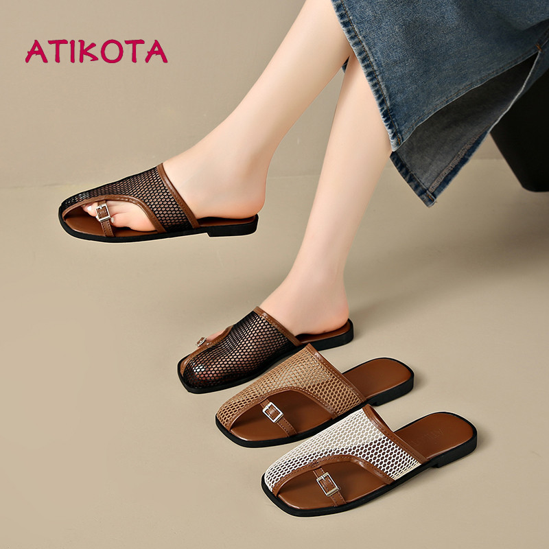 Atikota Dép lưới phẳng thông thường dành cho nữ có khóa kim loại Giày mùa hè nhẹ thoải mái