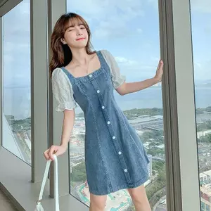 Đầm nhỏ Denim cổ vuông phong cách Pháp