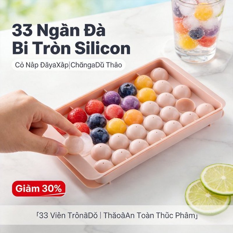 [GIẢM 25%] Khay Silicon Làm Đá 33 Viên Tròn Có Nắp 2.5cm An Toàn Thực Phẩm Dễ Lấy Xếp Chồng Uống Bia Cocktail Trái Cây
