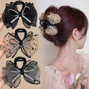 Móng vuốt tóc nơ lưới hai lớp mới với tông màu kim cương giả Kẹp hàm chống trượt lớn