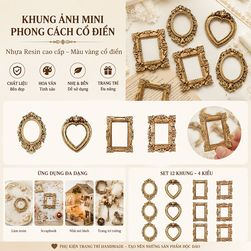 Khung ảnh mini decor tường phòng khách, nhựa resin phong cách châu Âu 12 món vintage đẹp