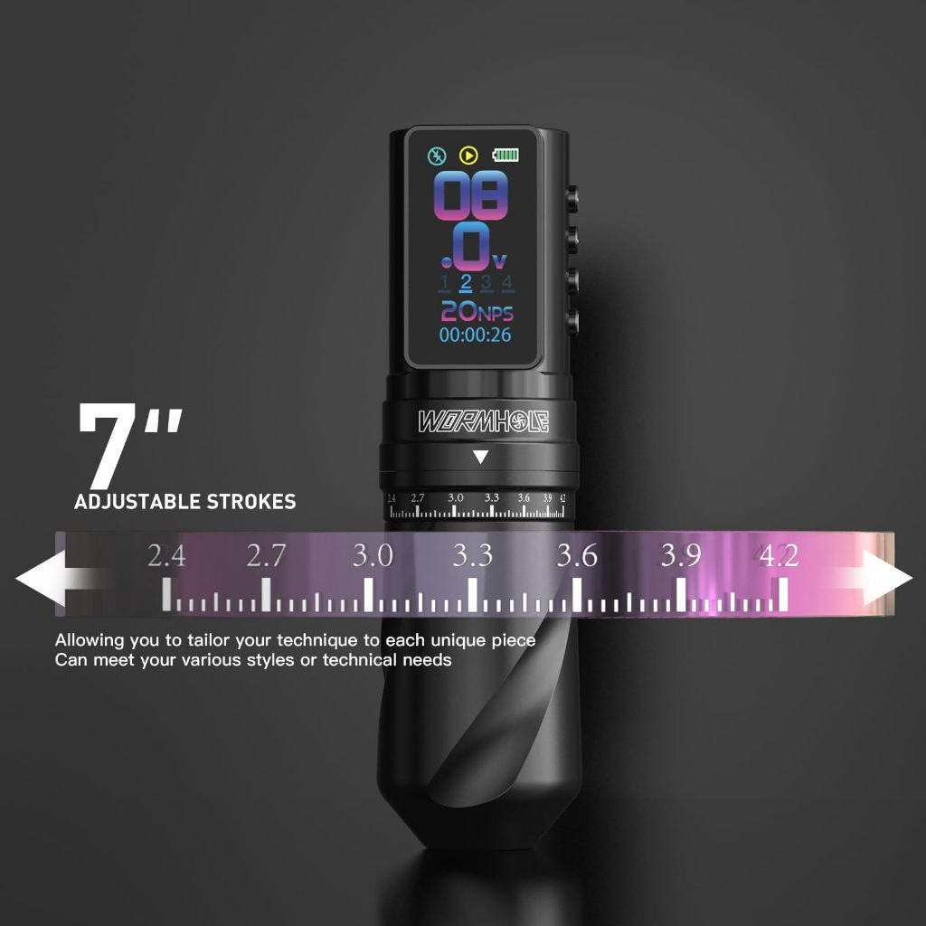 Máy xăm không dây với 7 nét có thể điều chỉnh & Pin 2300mAh - Chế độ bình thường / Khởi động nhảy / Chấm