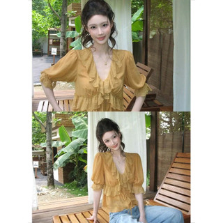 Áo Sơ Mi Tay Ngắn Voan Cổ Chữ V Xù Nấm Cạnh Slim-Fit Puff Tay Áo Sơ Mi Bé Gái Ren Xanh Mùa Hè Thiết Kế Đơn Giản Khâu Ren Thời Trang Tuổi-