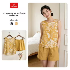 Bộ đồ nữ CARDINA chất liệu lanh áo sát nách cổ tròn và quần sooc 6SQN03