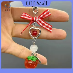 ULJ Ngọt Kawaii Đỏ Dâu Móc Khóa Trái Tim Nơ Đính Hạt Điện Thoại Quyến Rũ Dây Thời Trang Tươi Túi Máy Ảnh Mặt Dây Chuyền Treo Trang Sức.