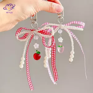 HFTOY Ngọt Kẻ Sọc Ruy Băng Móc Khóa Dâu Quyến Rũ Móc Khóa Nơ Ngọc Trai Mặt Dây Chuyền Điện Thoại Trang Sức Cho Bé Gái Nữ Trang Trí Túi Quà Tặng ~