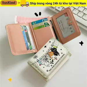 SUNKISSD Ví Ngắn, Khóa Da PU Ví Đựng Tiền Xu, Thời Trang Mèo Dễ Thương Gấp Ba Túi Đựng Thẻ Nhỏ Nữ Nữ