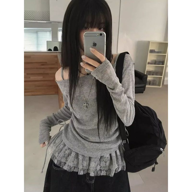 [Giảm giá trong thời gian có hạn] Áo thun dài tay một vai màu xám dành cho nữ mùa xuân Hot Girl Pure Desire Bowknot Pleated Lace Sling Top Bộ hai mảnh