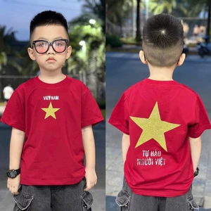 Áo thun cho bé hình cờ đỏ sao vàng ánh nhũ, áo nhóm mùng 2 tháng 9, áo phông gia đình